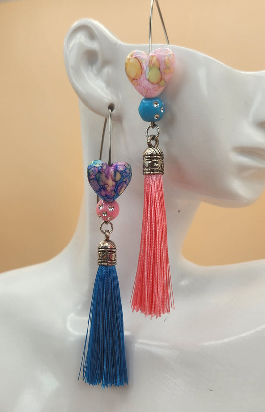 Mix-Matched Pink & Blue Heart Earrings w/Tassels