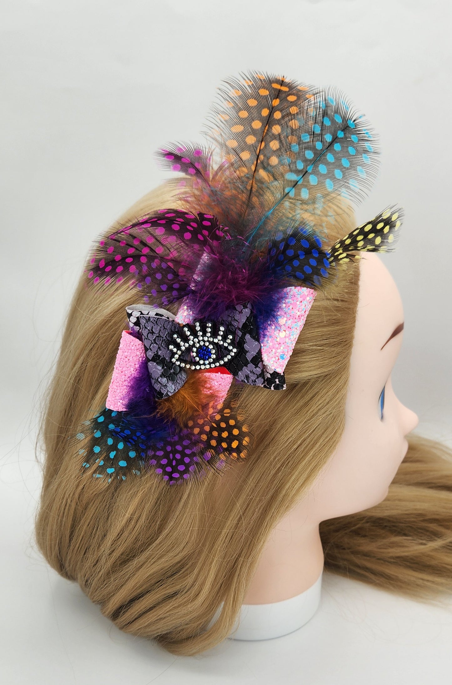 Layered Blue "Eye" Hair Bow with Faux Feathers