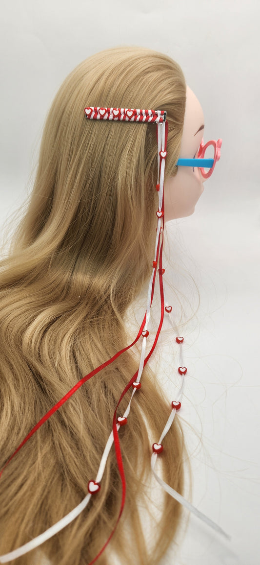 Hair Clip with Red and White Dangling Ribbon with Hearts