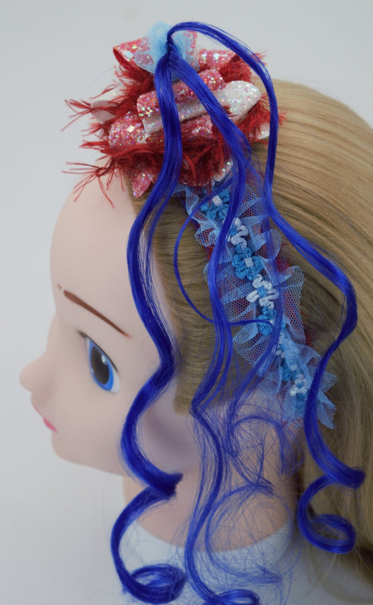Sky High Red Hair Bow w/Curly Blue Hair Headband