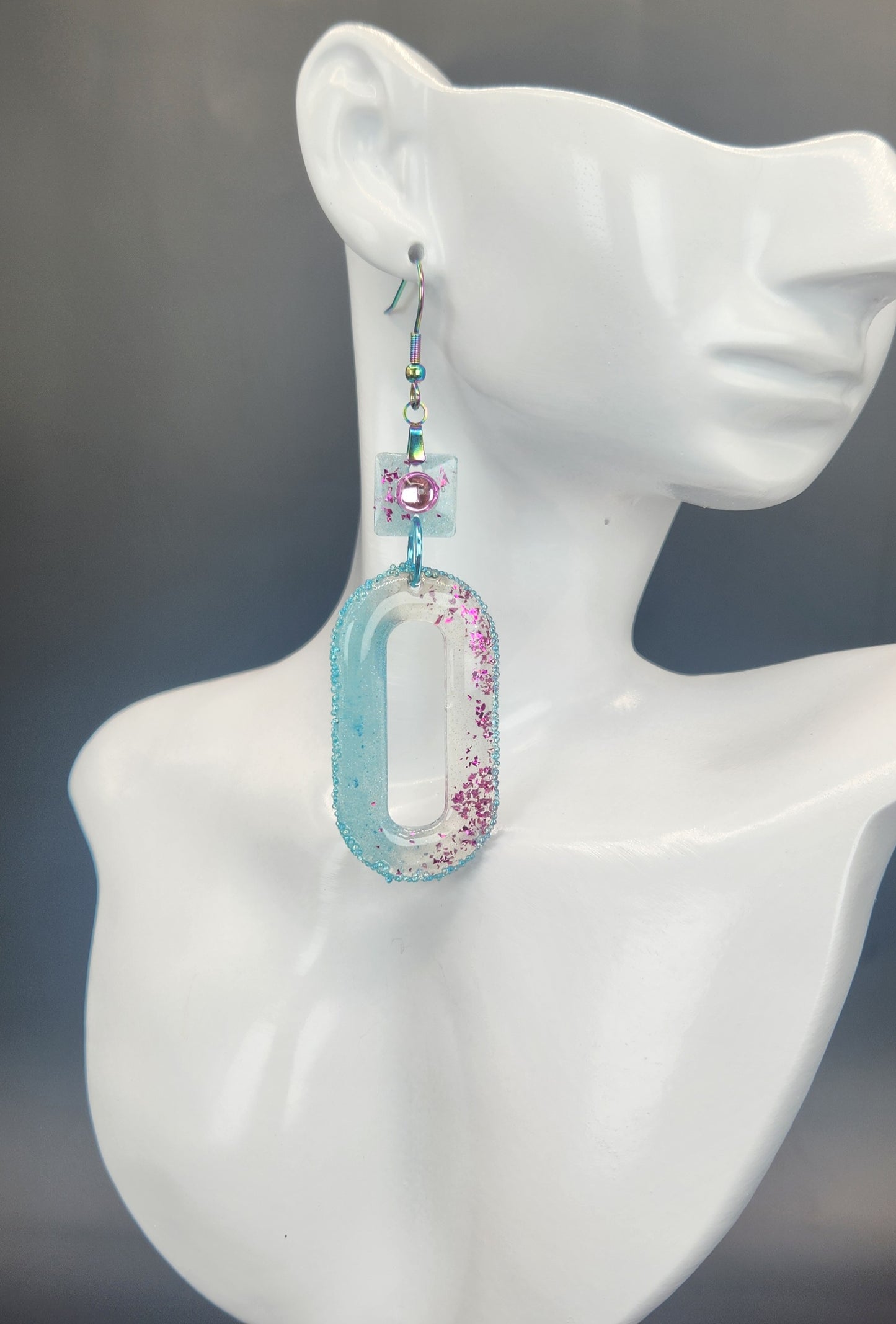 Baby Blue Oblong Hoop with Pink Glitter Earrings