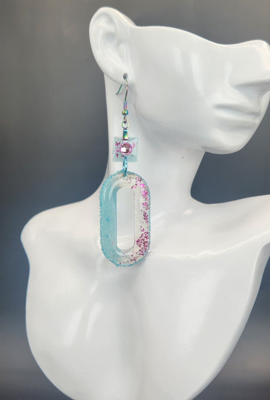 Baby Blue Oblong Hoop with Pink Glitter Earrings