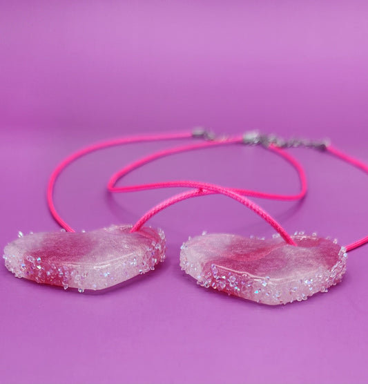 BFF Pink & White Stripped Resin Heart Necklace