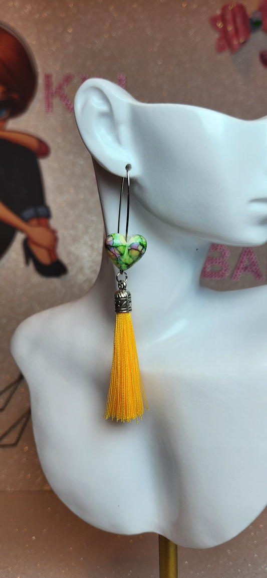 Spotted Green Heart Earrings w/Tassels