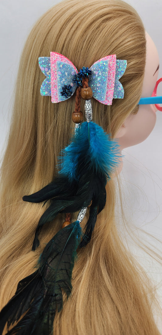 Pink and Baby Blue Hair Bow with Faux Feathers