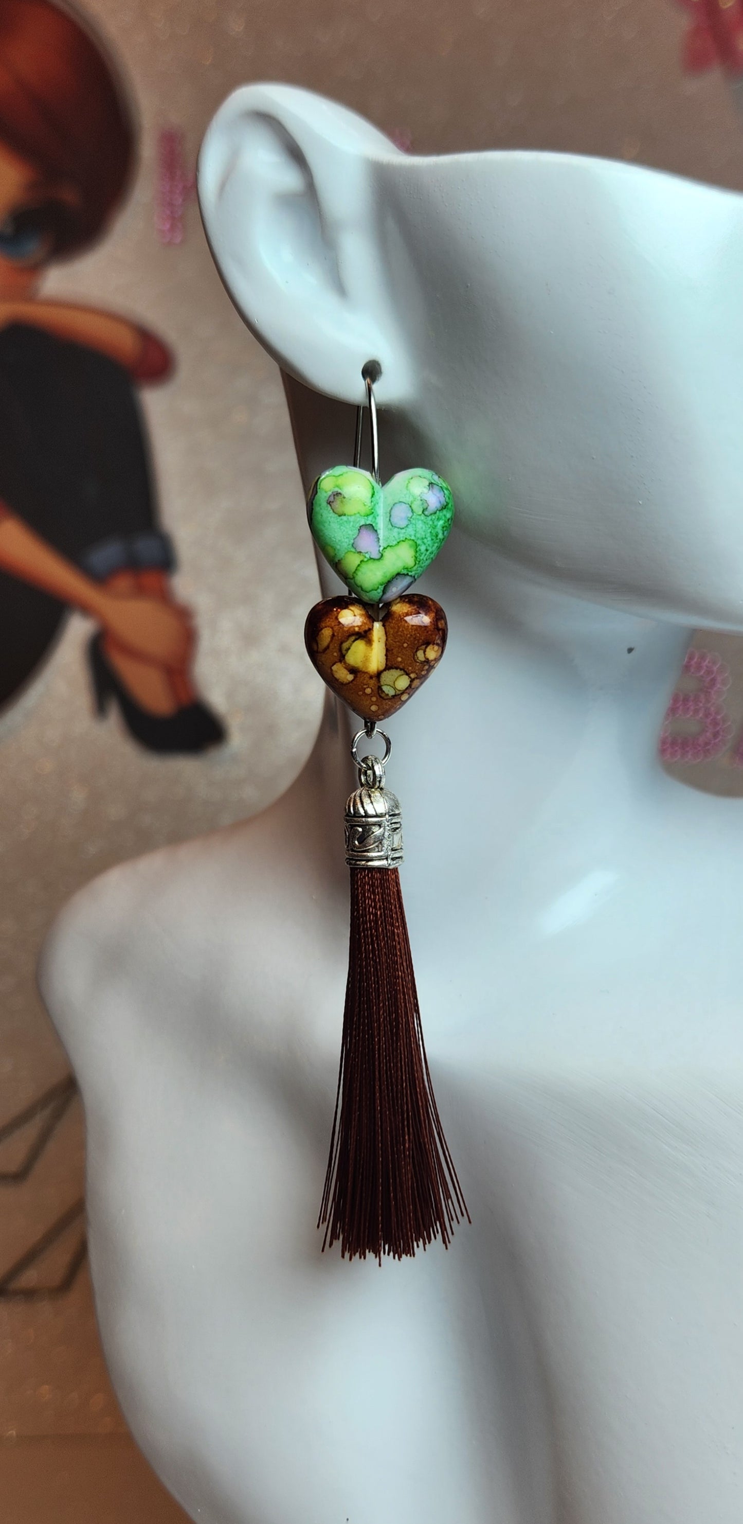 Two Spotted Hearts w/ Tassel Earrings