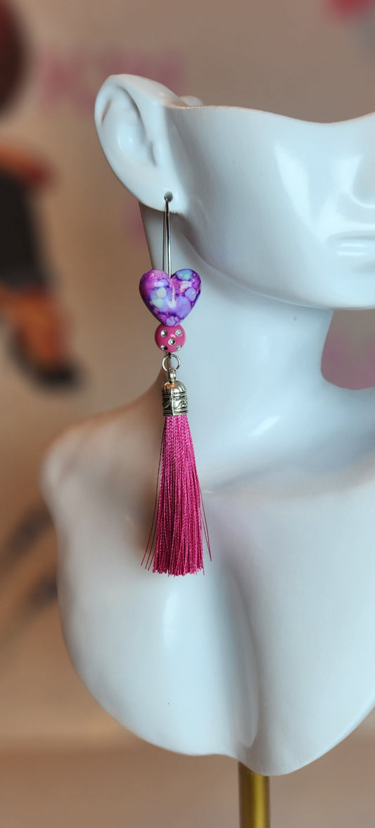 Spotted Purple Heart Earrings w/Tassels