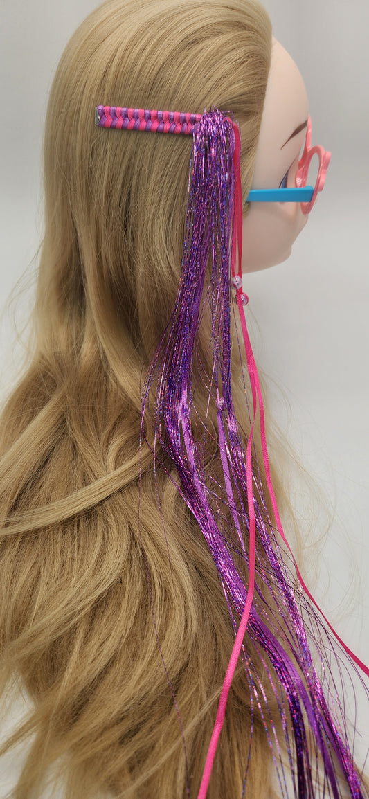 Hair Clip with Pink and Purple Dangling Ribbon and Purple Tinsel