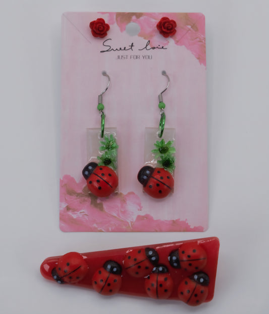 Ladybug Love Earrings with Hair Clip Set.
