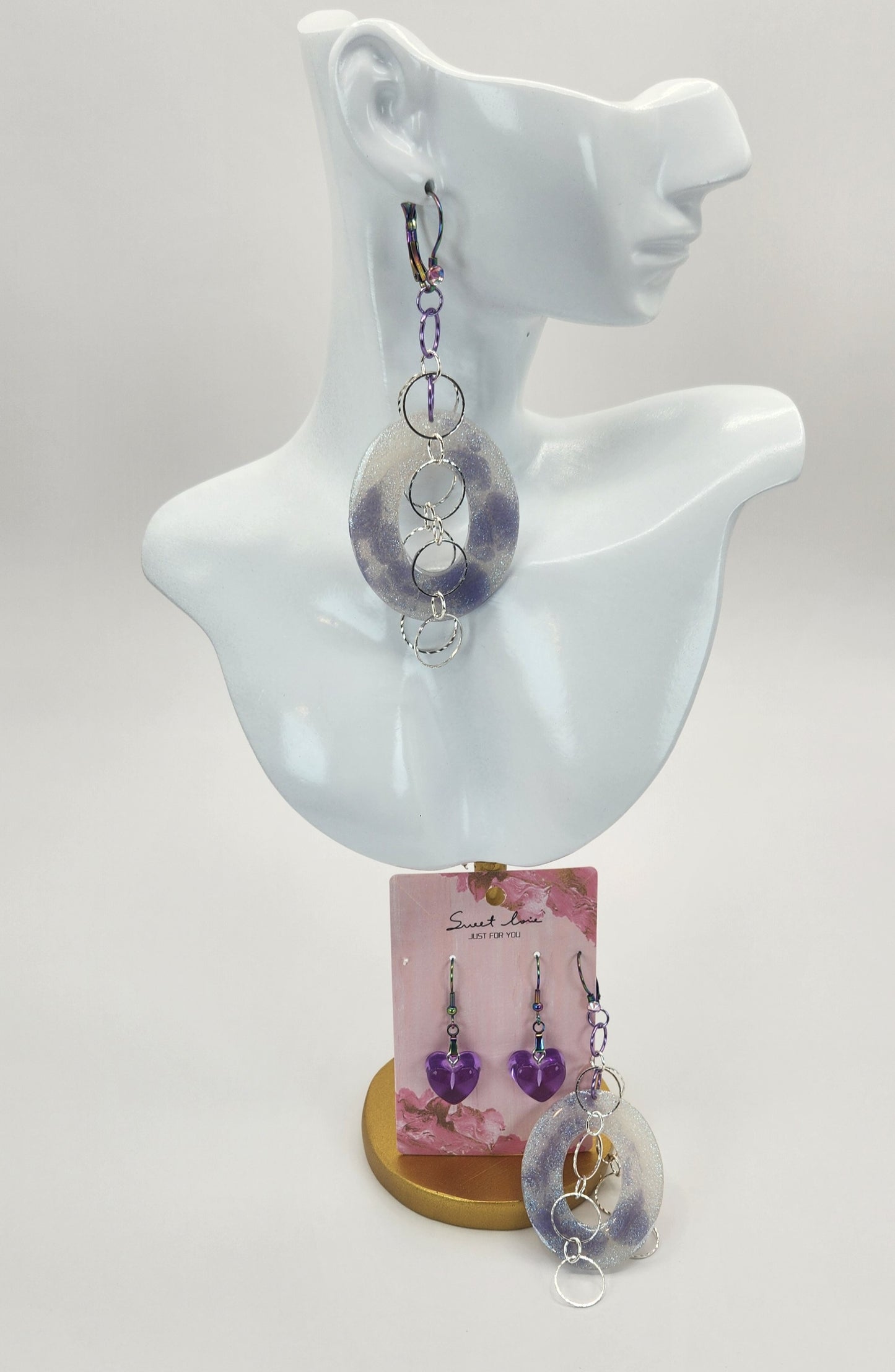 Spotted Purple Hoop with Hearts Earring Set