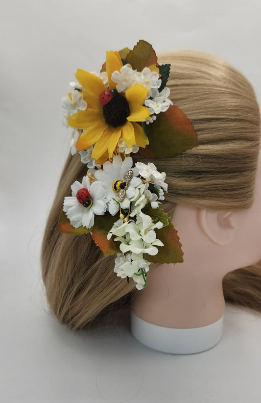 Sunflower Insects with White Wild Flowers Hair Clip