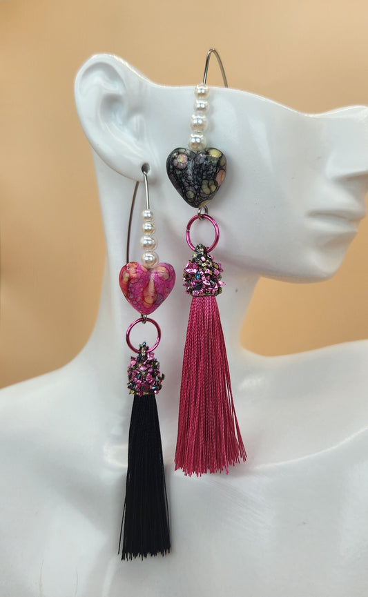 Mix-Matched Pink & Black Heart Earrings w/Tassels