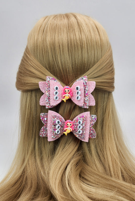 BFF Pink and Silver Glitter Hair Bow Set with Mermaids