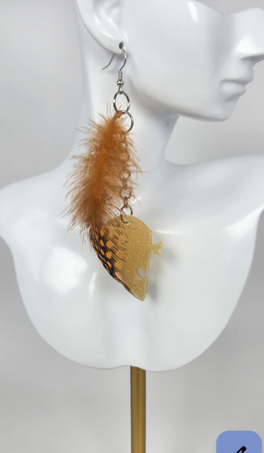 Faux Dot Feather with Half Heart Earring