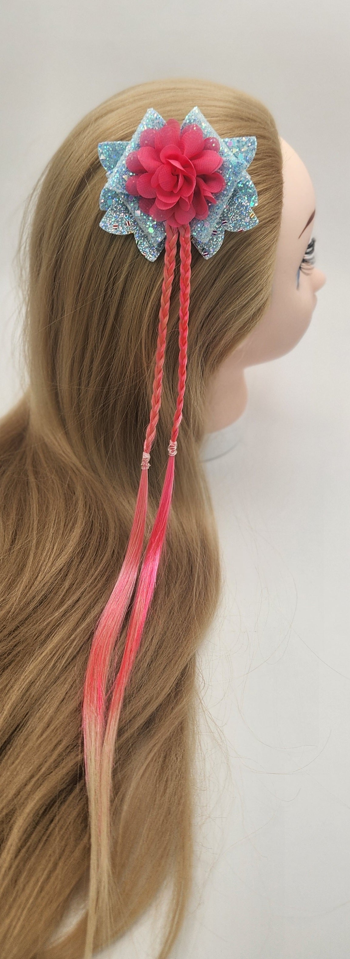 Iridescent Blue Bow with a Chiffon Flower & Artificial Hot Pink Hair
