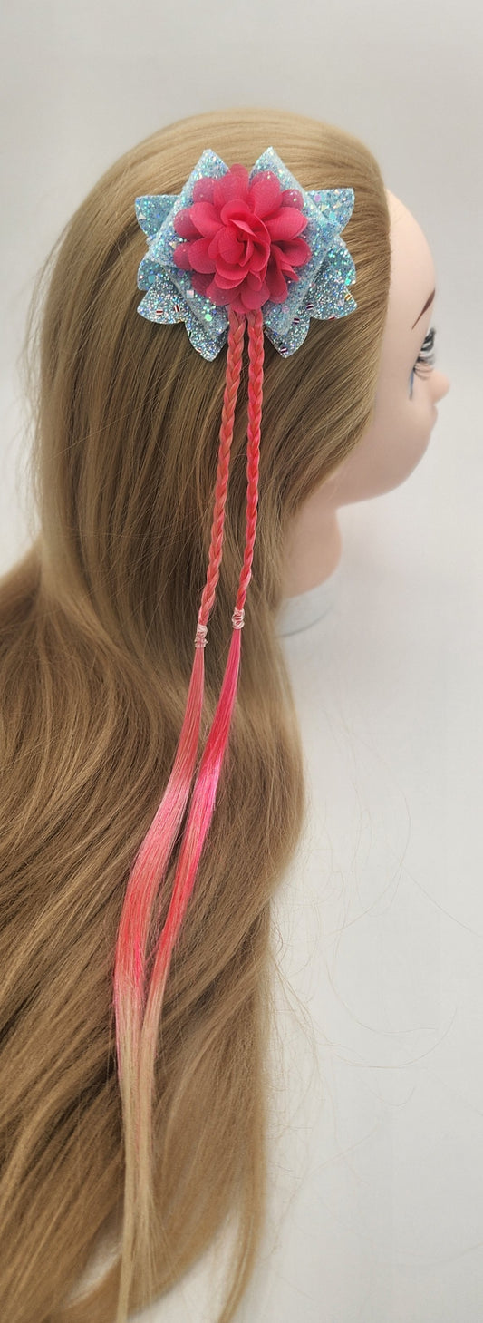 Iridescent Blue Bow with a Chiffon Flower & Artificial Hot Pink Hair