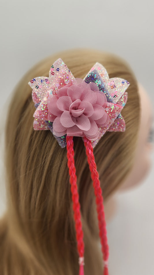 Iridescent Pink & Purple Hair Bow with Chiffon Flower & Hot Pink Artificial Hair