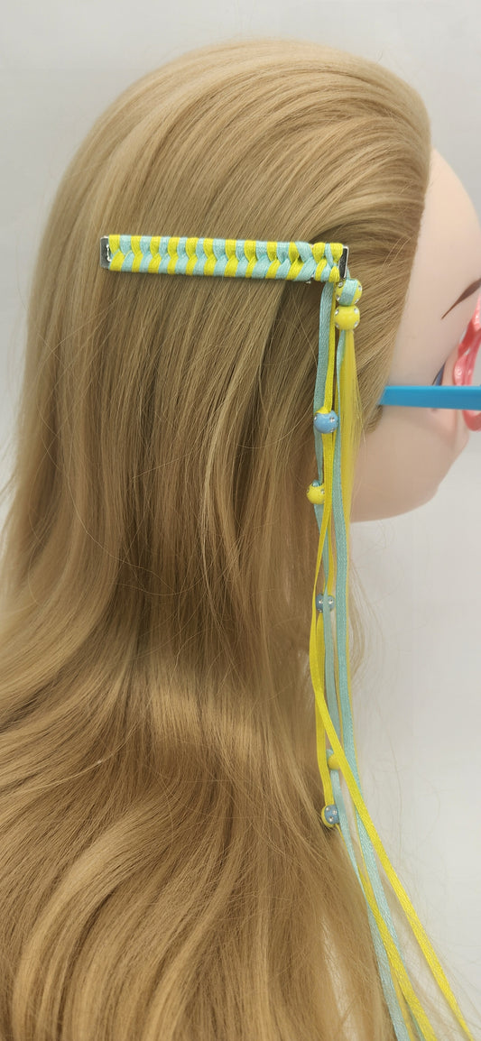 Hair Clip with Blue and Yellow Dangling Ribbon and Yellow Artificial Hair
