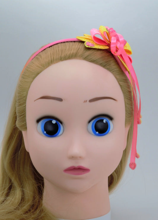 Pink & Yellow Hair Bow Headband with Barbie Shoe Centerpiece