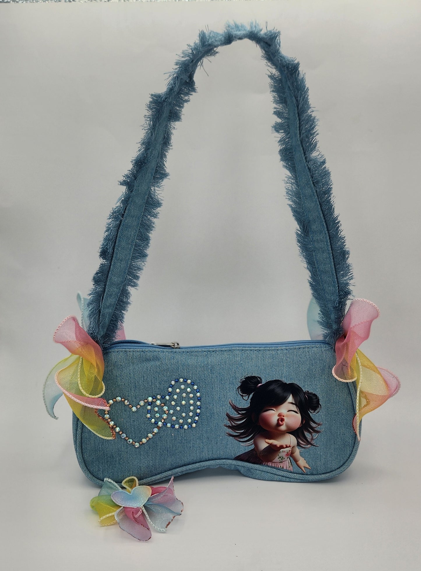 Kiss Blowing Girl Denim Hand Bag w/Mini Hair Bow