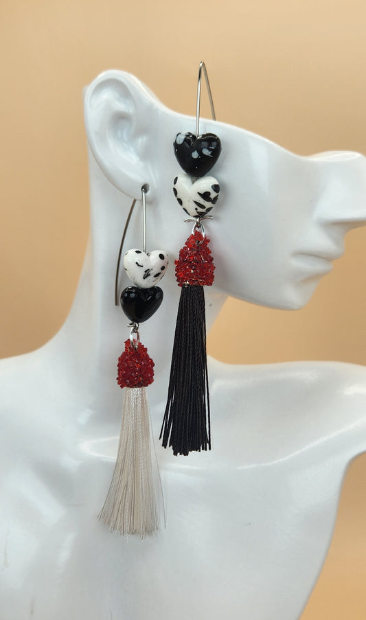 Mix-Matched White & Black Heart Earrings w/Tassels