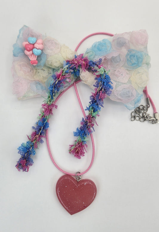 Pretty Girl Hair Bow and Heart-shaped Necklace Set