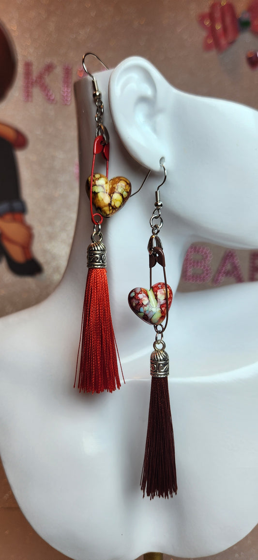 Mix-Matched Pin Thru the Heart Earrings w/Tassel