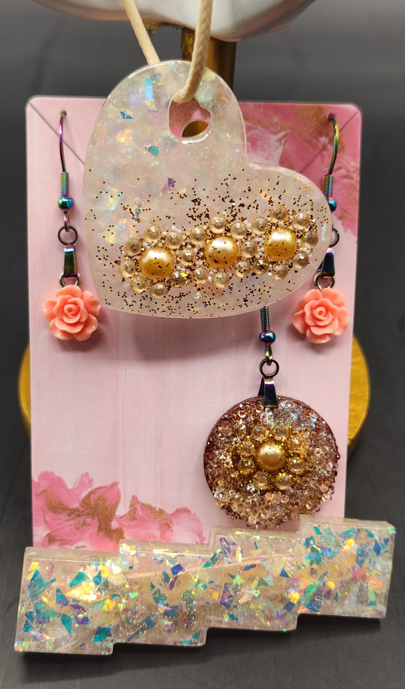 Resin Iridescent Gold Heart Fashion Jewelry Set