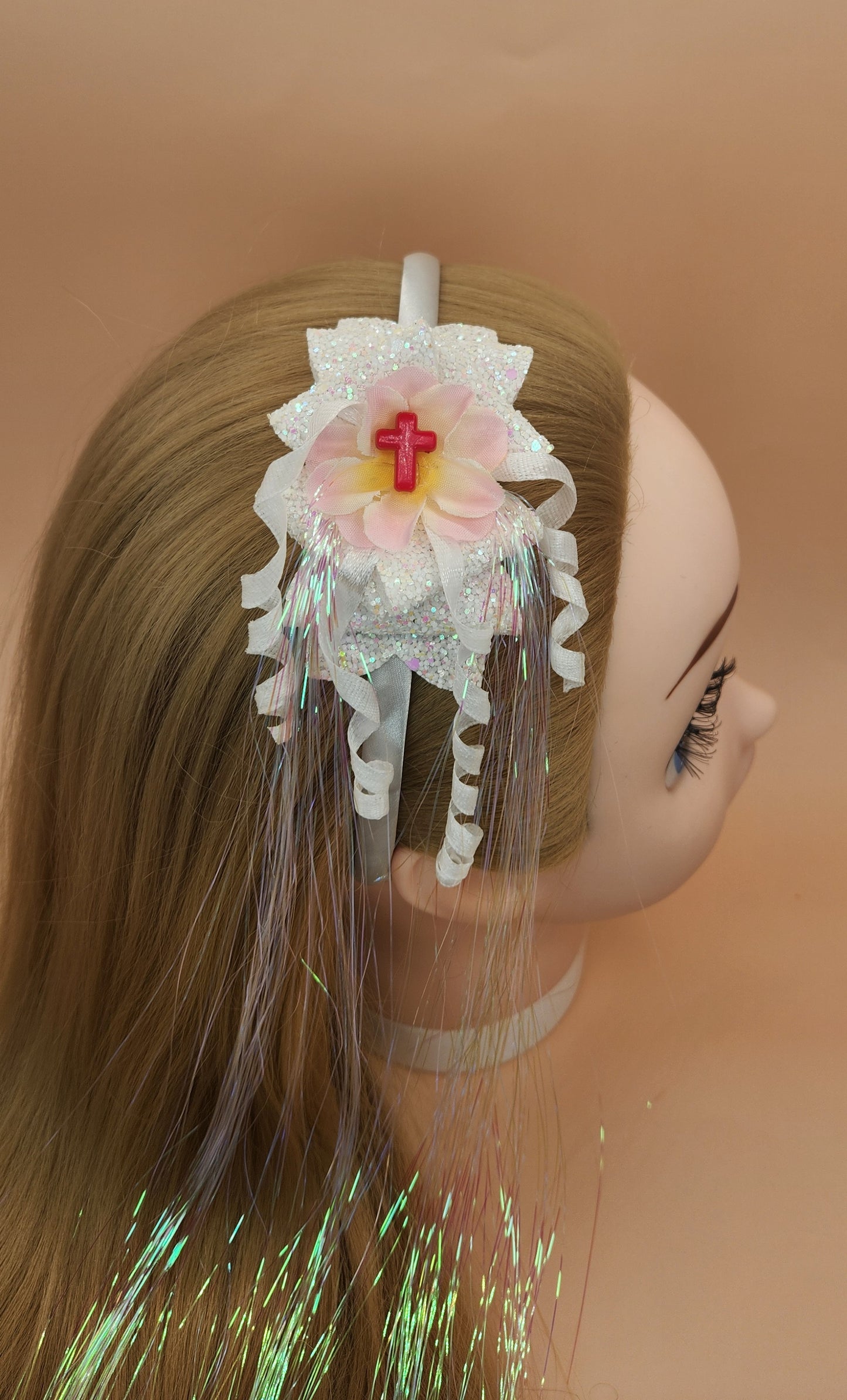 Angelic Headband w/White Flowered Bow and Iridescent Tinsel