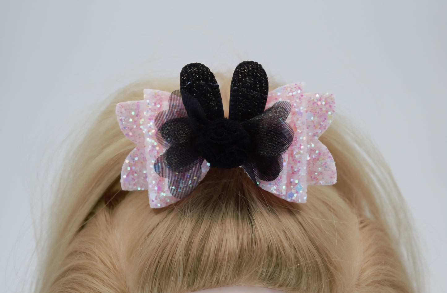 Baby Pink Glitter Bow w/ Cute Black Bunny