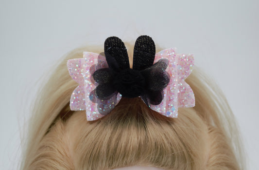 Baby Pink Glitter Bow w/ Cute Black Bunny