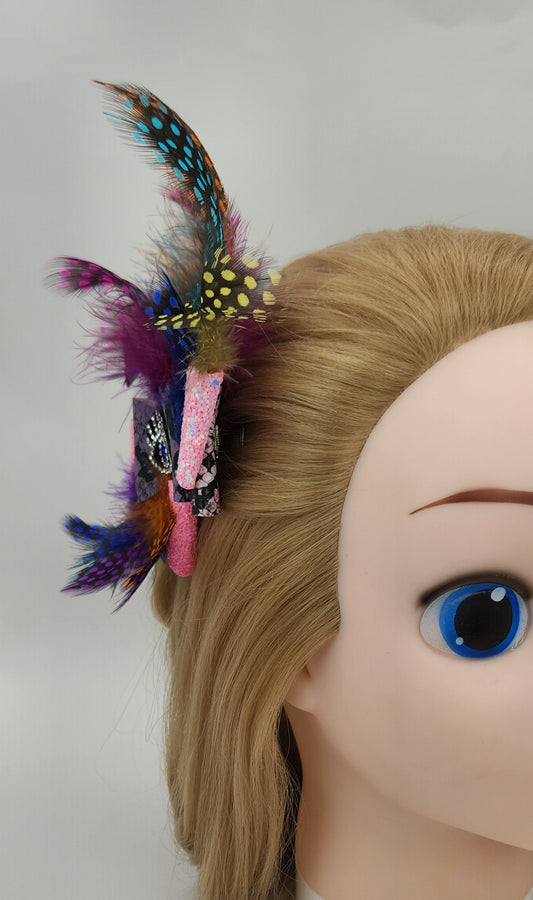 Layered Blue "Eye" Hair Bow with Faux Feathers