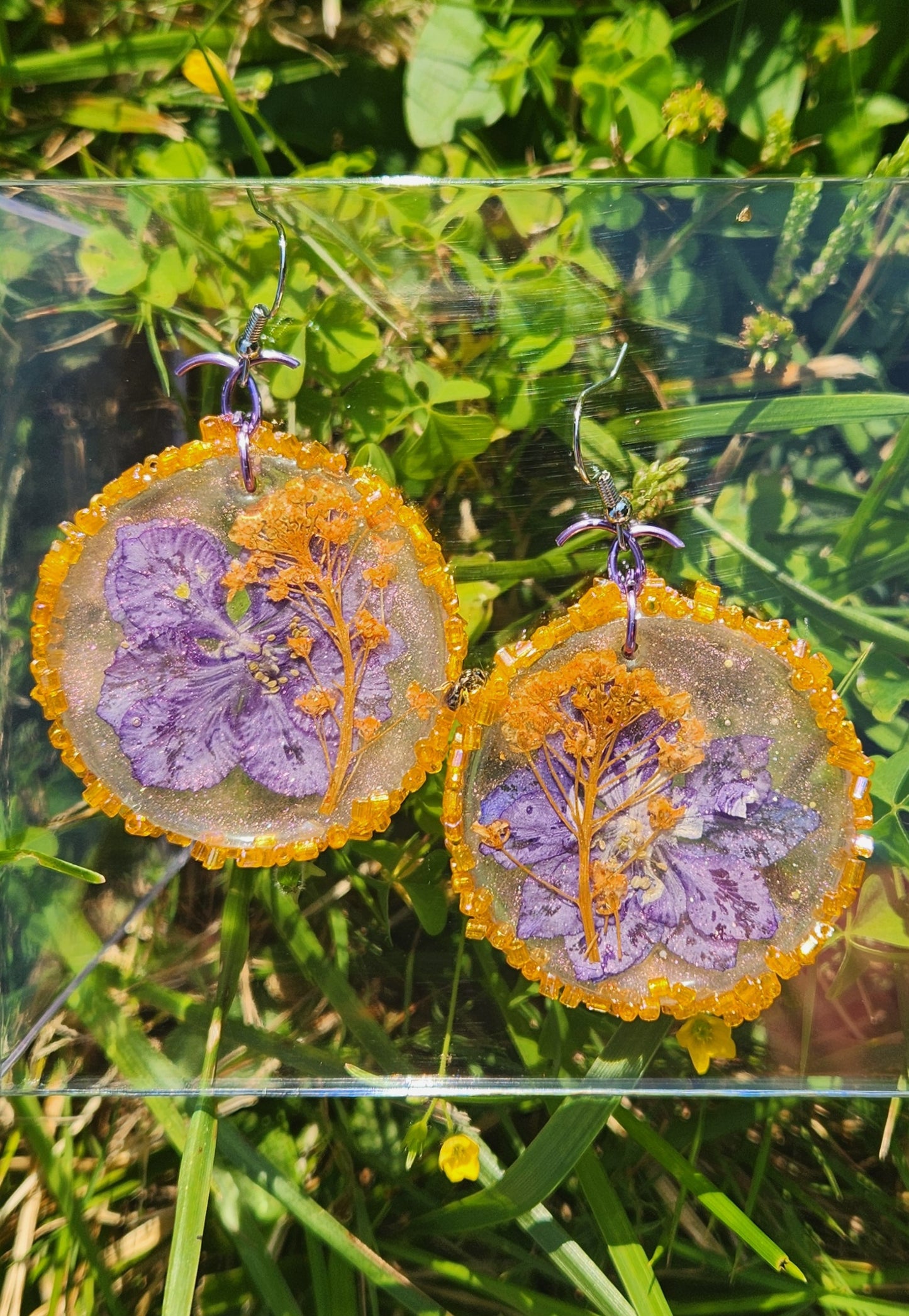 Purple & Orange Preserved Flower Earrings