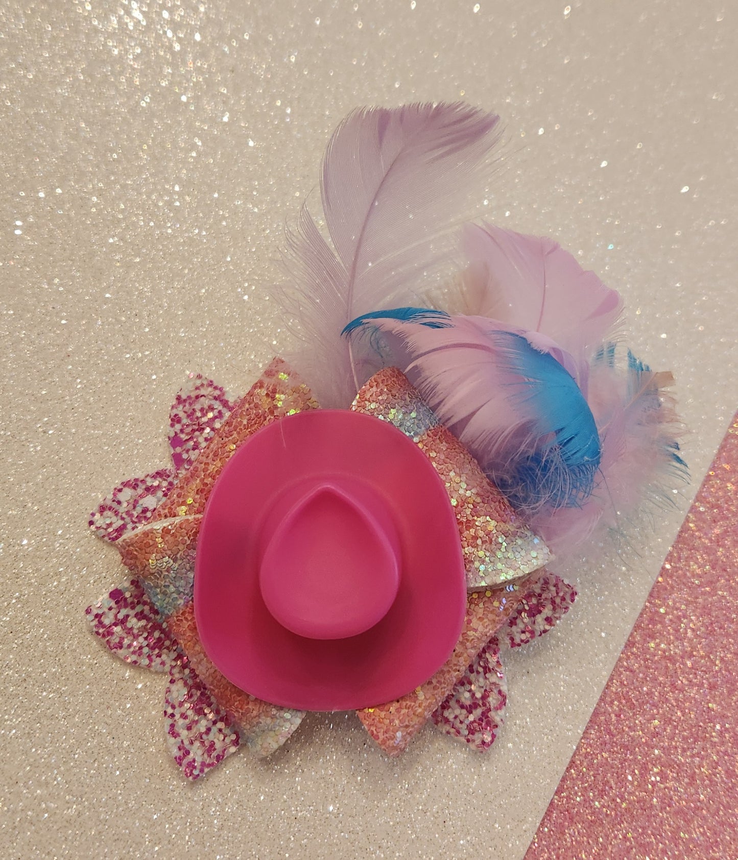 Glam Hot Pink Cowgirl Hat Hair Bow with Faux Feathers