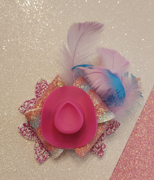 Glam Hot Pink Cowgirl Hat Hair Bow with Faux Feathers